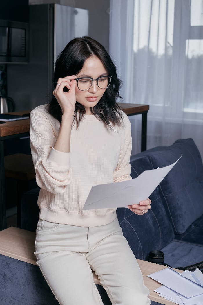 Young woman with eyeglasses assessing financial papers with a concerned look in a modern home setting.